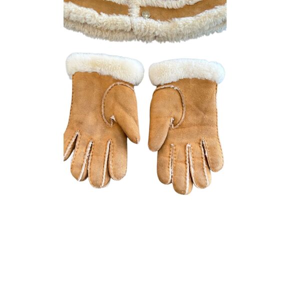 UGG Australia Shearling Sheepskin Bucket Hat & gloves Tan Leather Fur Trim Size - Picture 5 of 12
